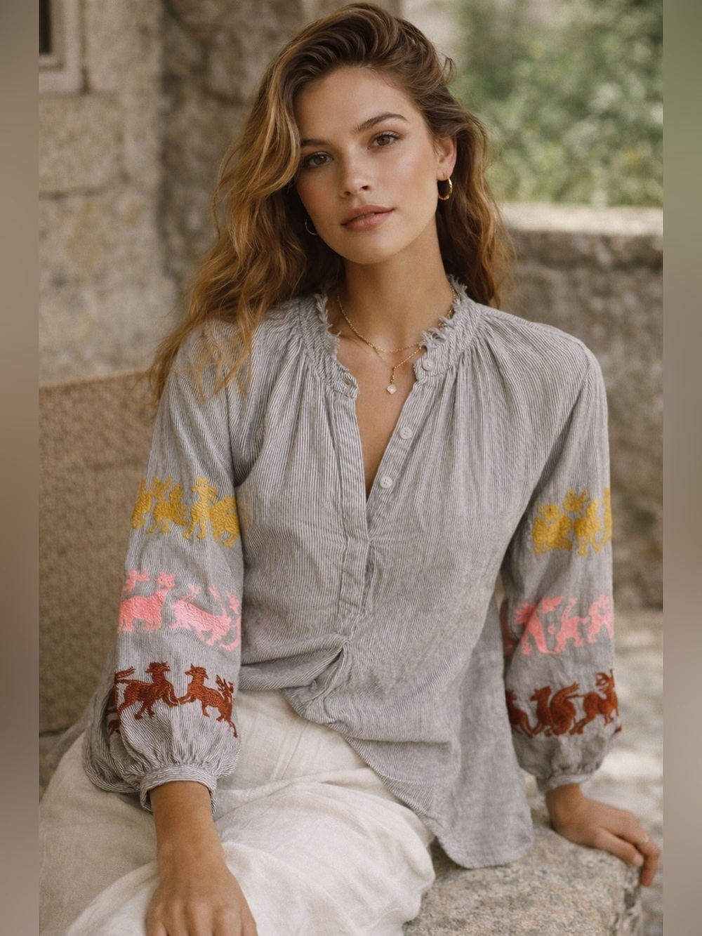 Ivy Jane Embroidered Boho Peasant Top Sz S Striped Black White Cotton Animals